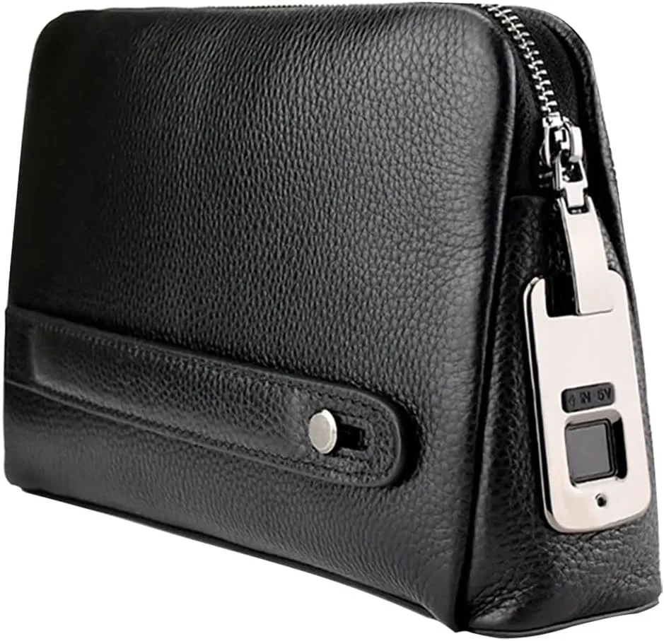 Welaso Fingerprint Lock Leather Handbag,Anti Theft Waterproof Genuine Leather Clutch Bag Wallet for Man Woman