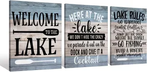 Welcome To The Lake Paddle Lake Rules Vintage Canvas Wall Art Prints Artwork Signs Framed for Lake House Cabin Porch Wall Decor Home Room Decor,11 X 14 inch Set Of 3,Housewarming Gift