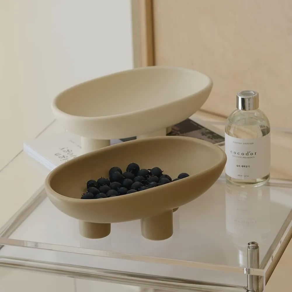 WENSHUO Three-Legs Ceramic Fruit Bowl for Kitchen Counter, Decorative Bowl for Table Décor, 10-inch Oval Large Bowls for Breads (Coconut Café)
