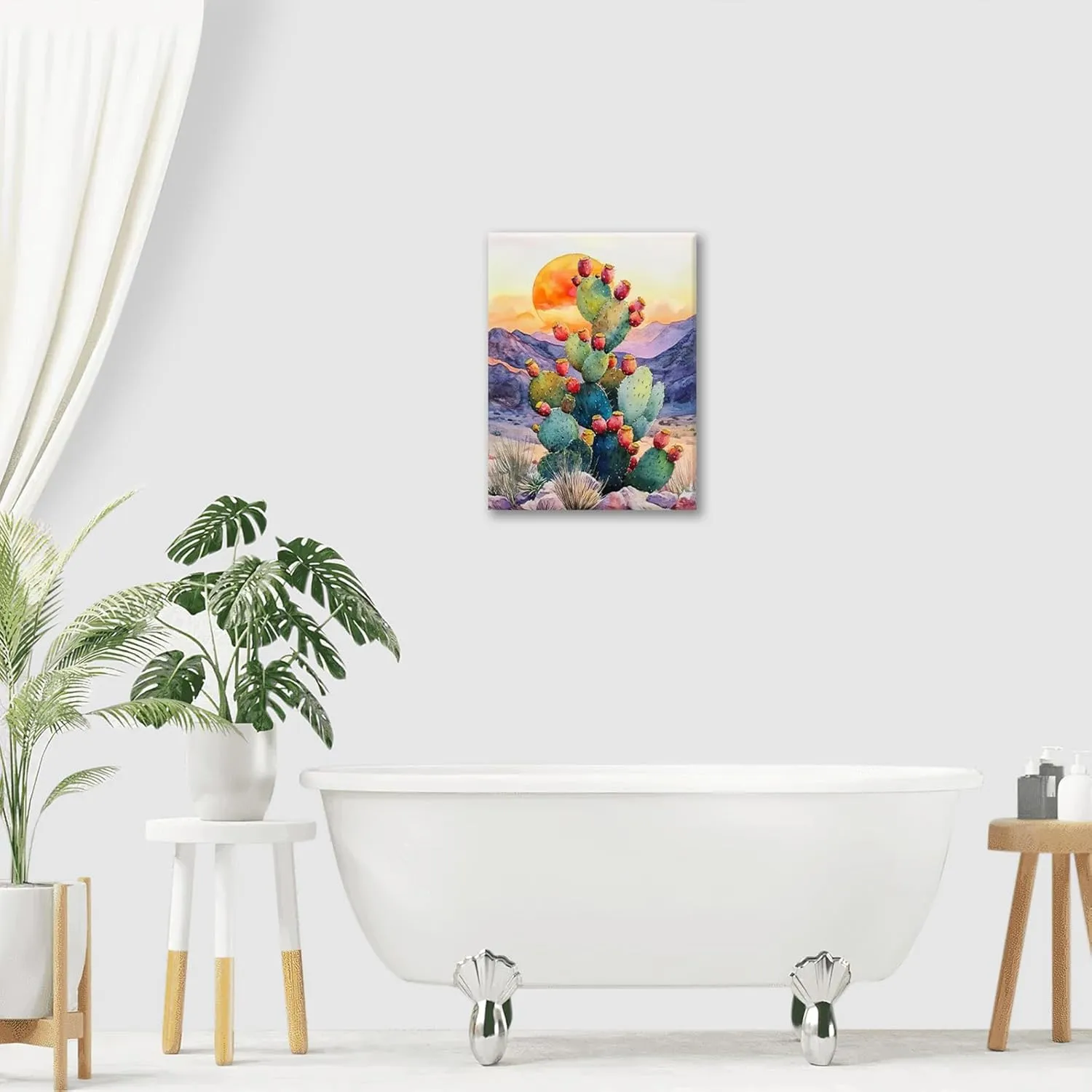 Western Cactus Wall Art Southwestern Desert Cactus Wall Decor Sunset Canvas Painting Landscape Picture Modern Artwork Home Decoration for Bathroom Bedroom Office Living Room Framed 12"x16"