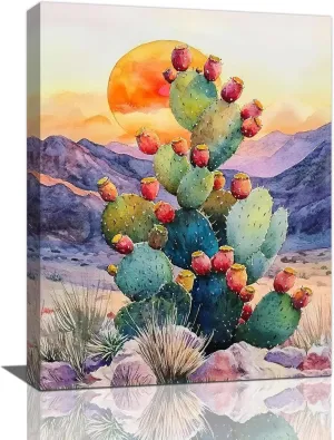 Western Cactus Wall Art Southwestern Desert Cactus Wall Decor Sunset Canvas Painting Landscape Picture Modern Artwork Home Decoration for Bathroom Bedroom Office Living Room Framed 12"x16"