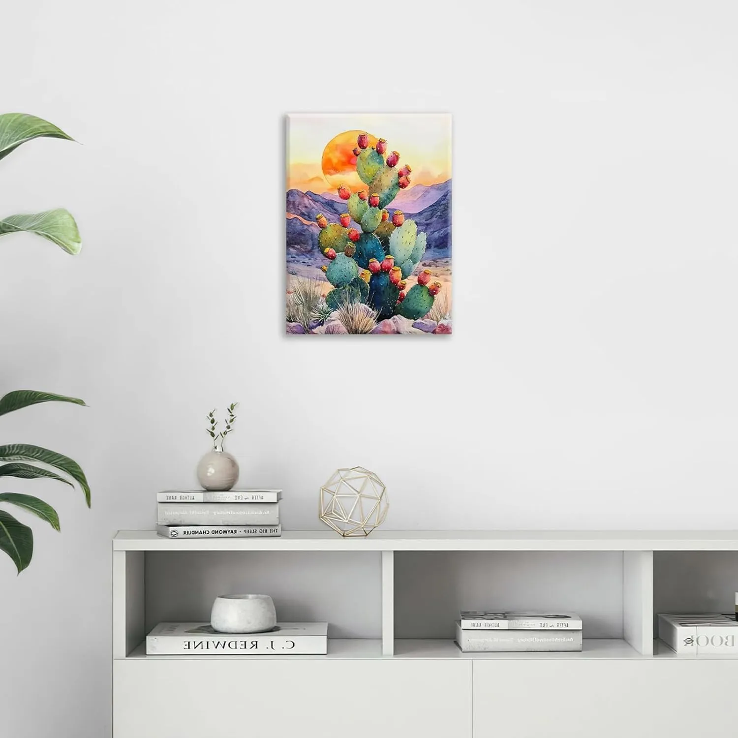 Western Cactus Wall Art Southwestern Desert Cactus Wall Decor Sunset Canvas Painting Landscape Picture Modern Artwork Home Decoration for Bathroom Bedroom Office Living Room Framed 12"x16"