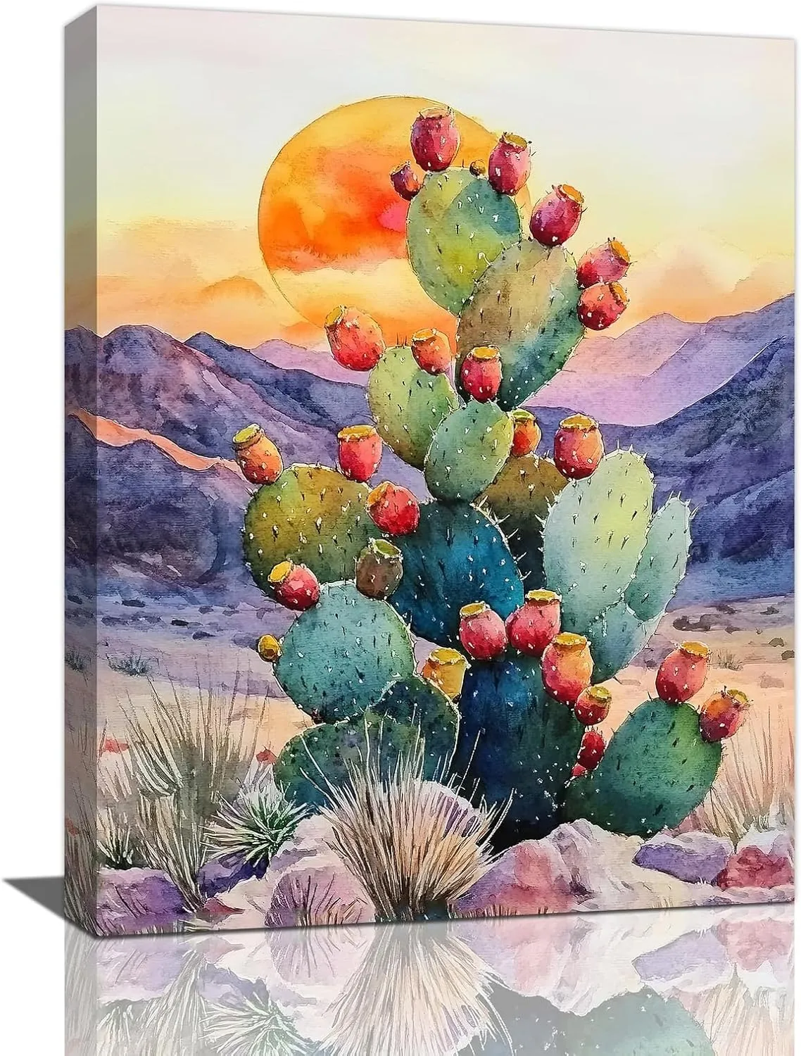 Western Cactus Wall Art Southwestern Desert Cactus Wall Decor Sunset Canvas Painting Landscape Picture Modern Artwork Home Decoration for Bathroom Bedroom Office Living Room Framed 12"x16"