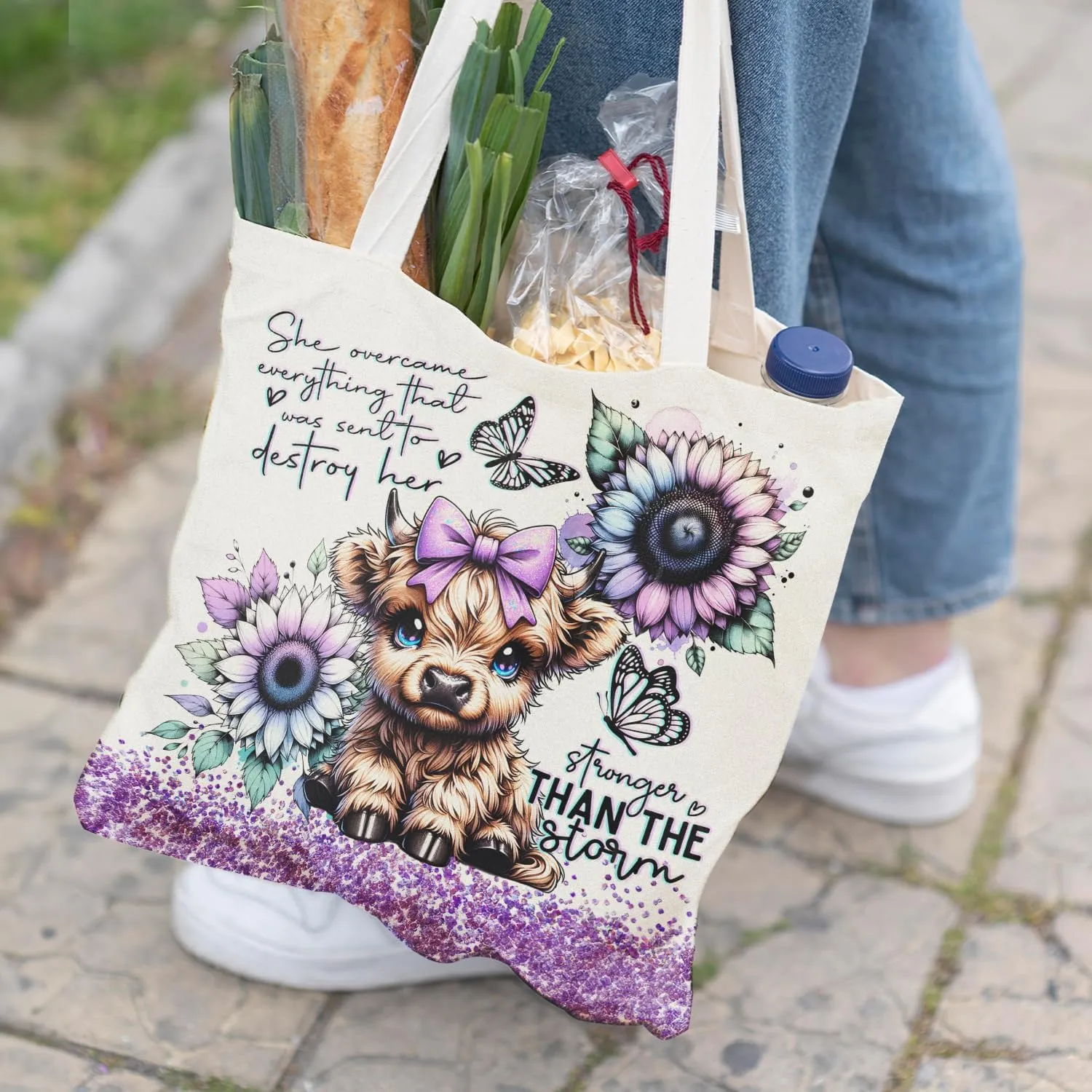 Western Highland Cow Canvas Shoulder Bag for Women & Girls, Highland Cow Lover Gift