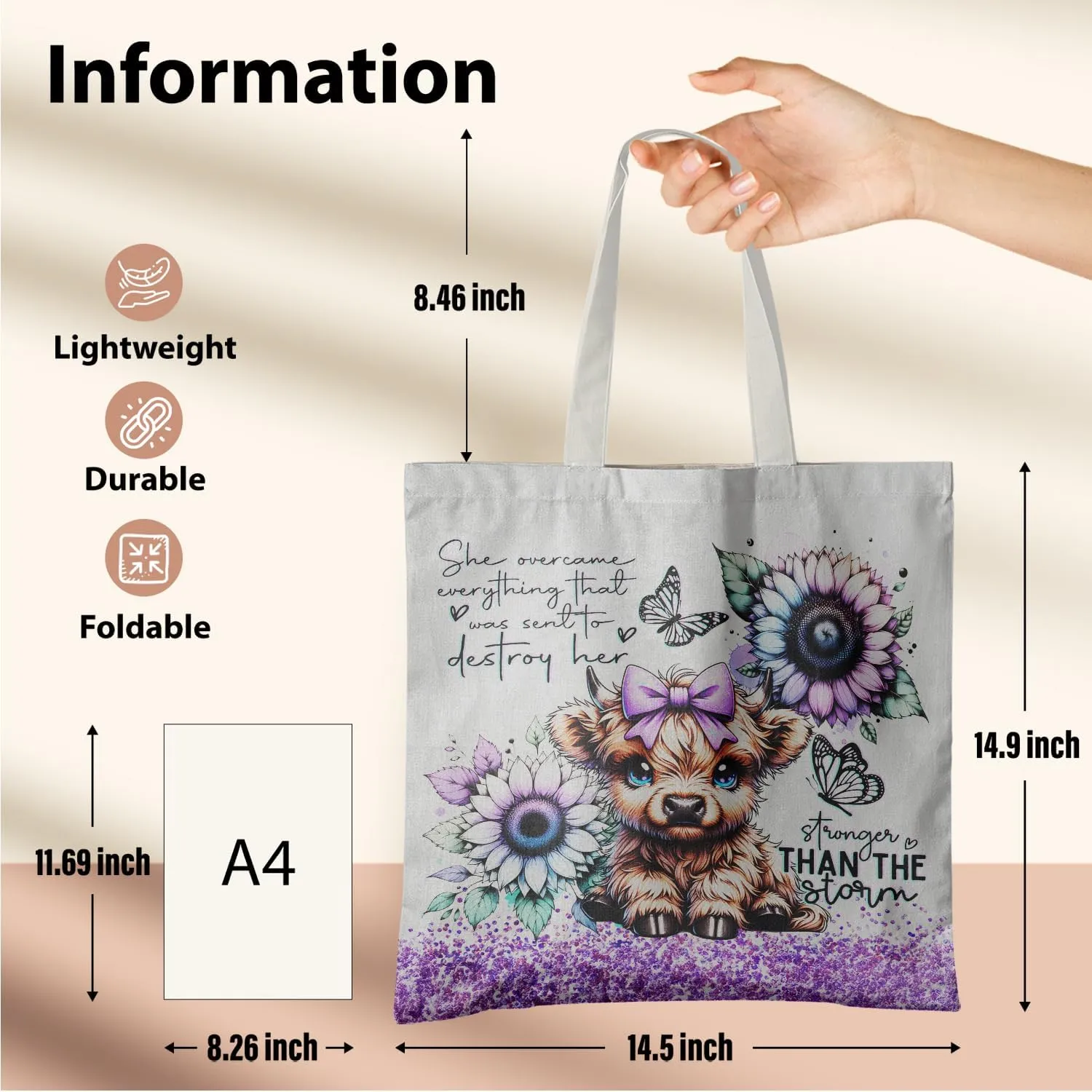 Western Highland Cow Canvas Shoulder Bag for Women & Girls, Highland Cow Lover Gift