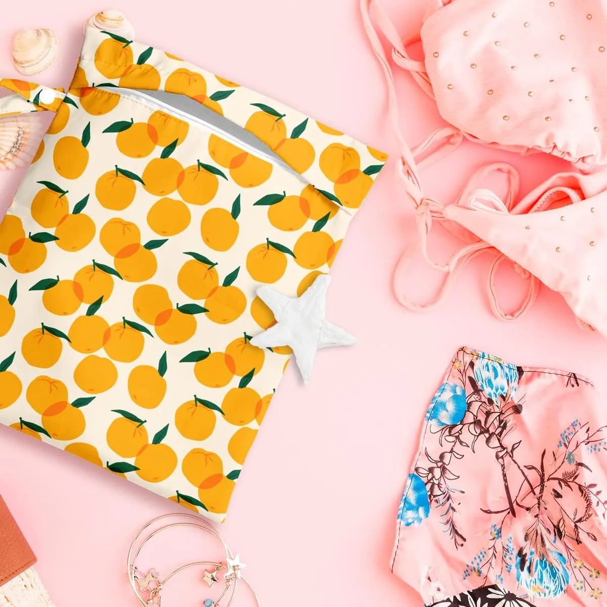 Wet Bag, Wet Dry Bag, Wet Bag for Swimsuit, Travel, Beach, Pool, Diapers, Dirty Yoga Gym Clothes, Makeup Bag, Waterproof Reusable Fruit Decor Orange Strawberry