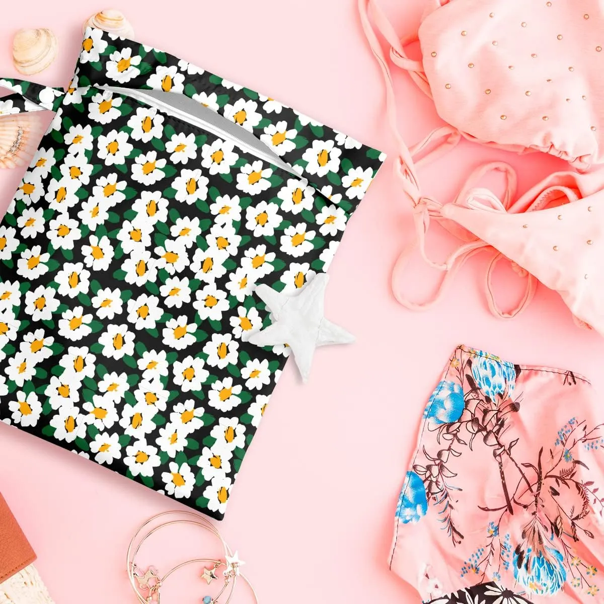 Wet Bag, Wet Dry Bag, Wet Bag for Swimsuit, Travel, Beach, Pool, Diapers, Dirty Yoga Gym Clothes, Toiletries, Makeup Bag, Waterproof Reusable Cute Daisy Floral Flower