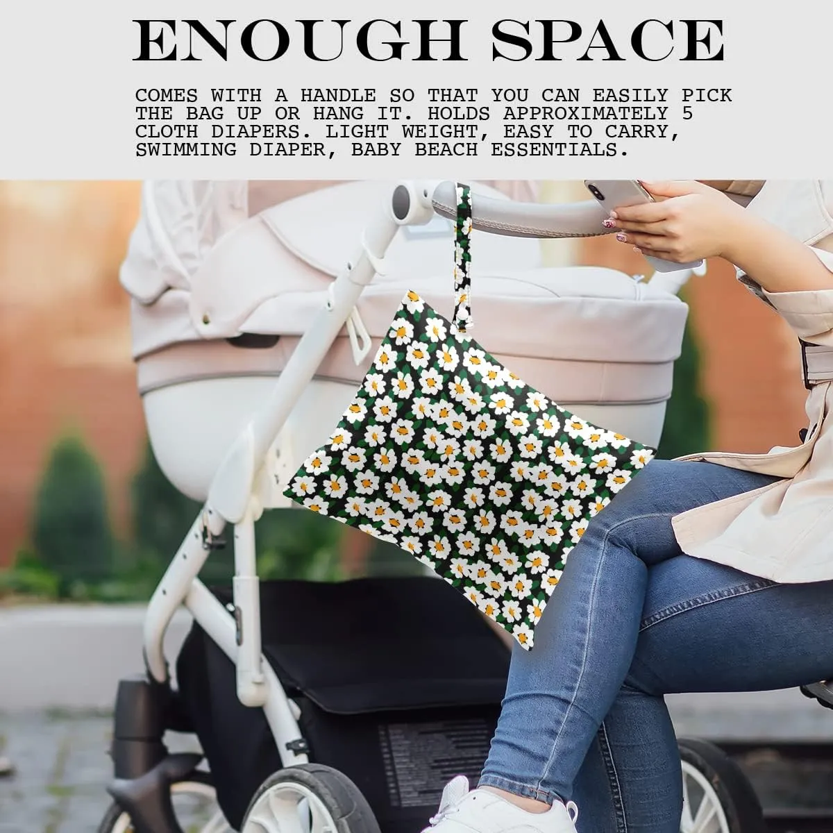 Wet Bag, Wet Dry Bag, Wet Bag for Swimsuit, Travel, Beach, Pool, Diapers, Dirty Yoga Gym Clothes, Toiletries, Makeup Bag, Waterproof Reusable Cute Daisy Floral Flower