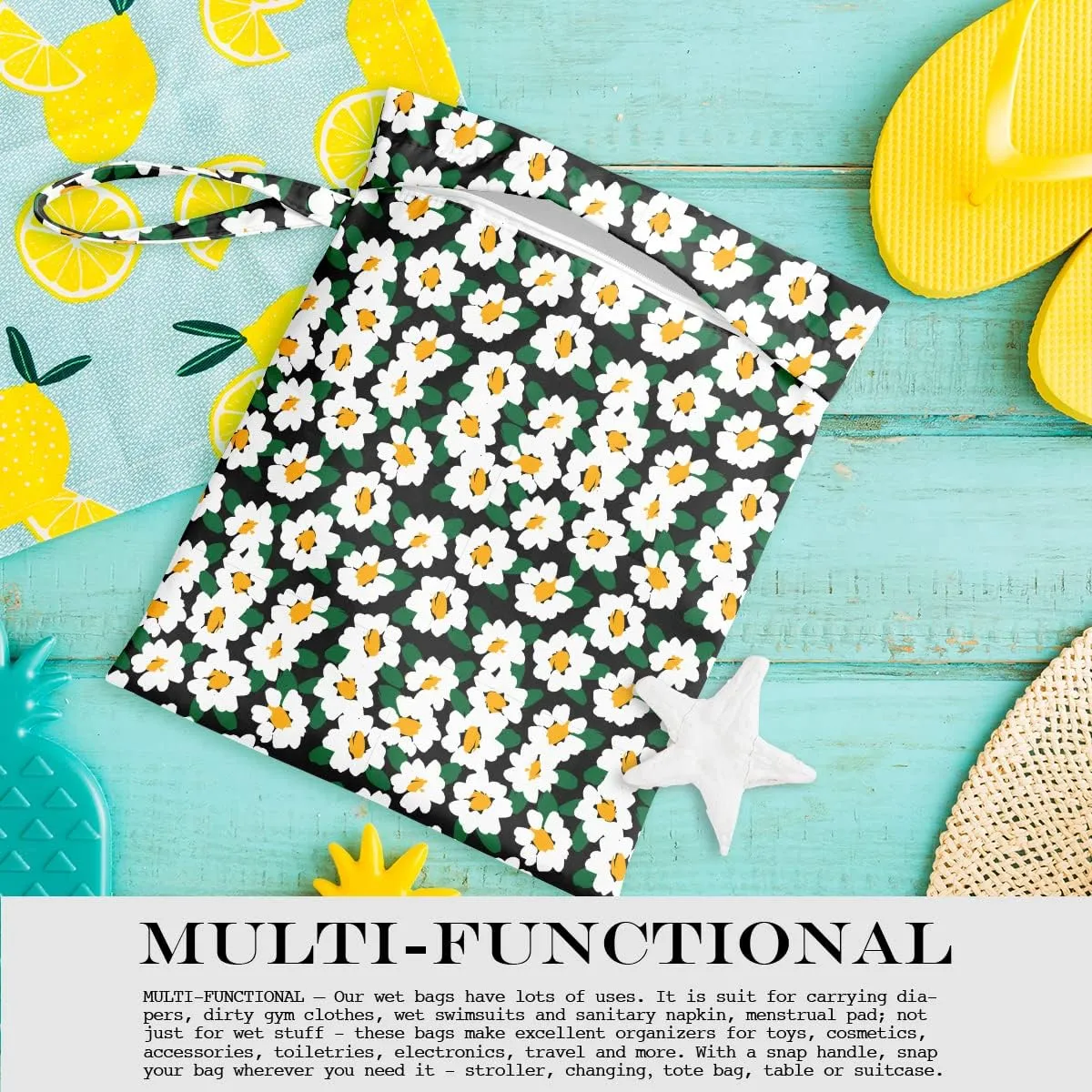 Wet Bag, Wet Dry Bag, Wet Bag for Swimsuit, Travel, Beach, Pool, Diapers, Dirty Yoga Gym Clothes, Toiletries, Makeup Bag, Waterproof Reusable Cute Daisy Floral Flower