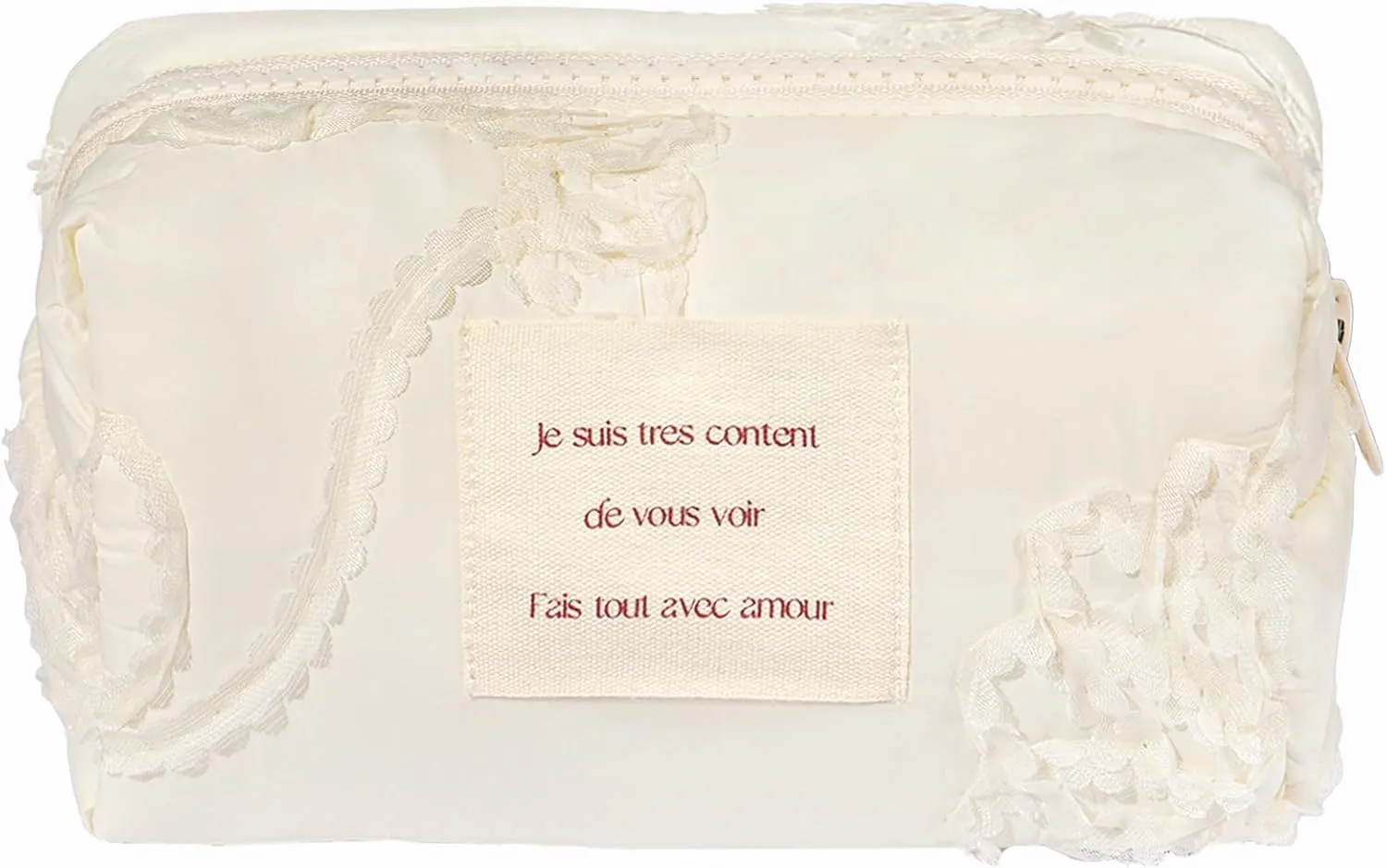 White Makeup Bag Small Nylon Cotton Quilted Cosmetic Makeup Bag Organizer, Aesthetic Floral Waterproof Portable Pouch Purse Toiletry Bag for Women Girls Travel accessories (White Lace-S)