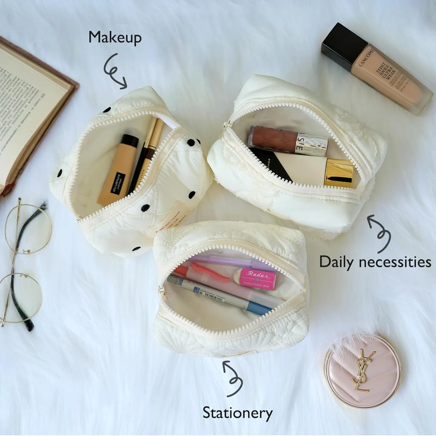 White Makeup Bag Small Nylon Cotton Quilted Cosmetic Makeup Bag Organizer, Aesthetic Floral Waterproof Portable Pouch Purse Toiletry Bag for Women Girls Travel accessories (White Lace-S)
