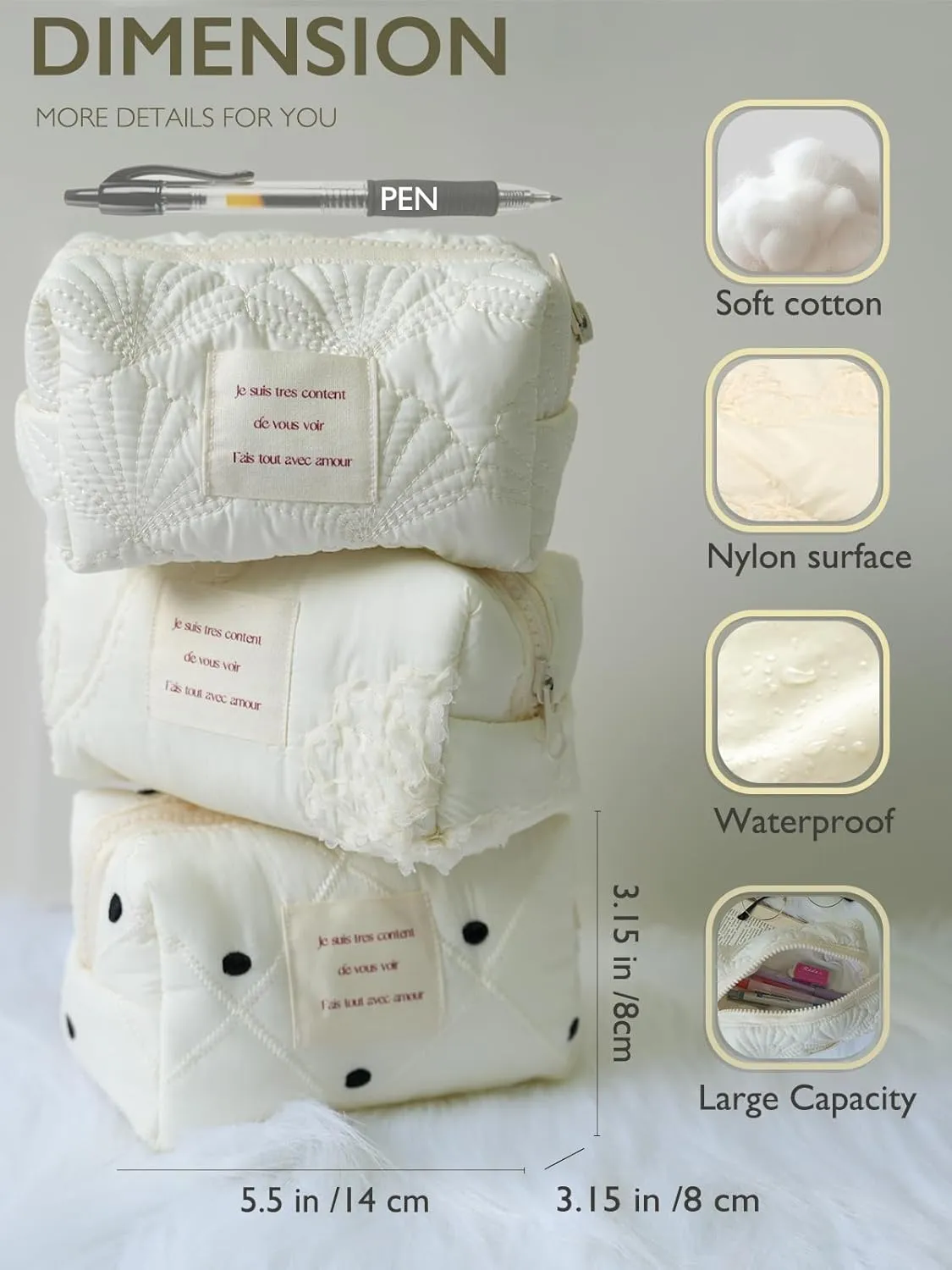 White Makeup Bag Small Nylon Cotton Quilted Cosmetic Makeup Bag Organizer, Aesthetic Floral Waterproof Portable Pouch Purse Toiletry Bag for Women Girls Travel accessories (White Lace-S)