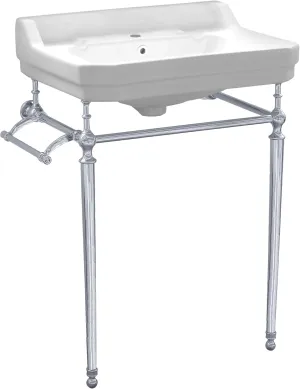 Whitehaus Victoriahaus Console with Integrated Rectangular Bowl, Polished Brass Leg Support, Towel Bar, Backsplash, and Overflow; 1 faucet hole; Color: White/Polished Chrome
