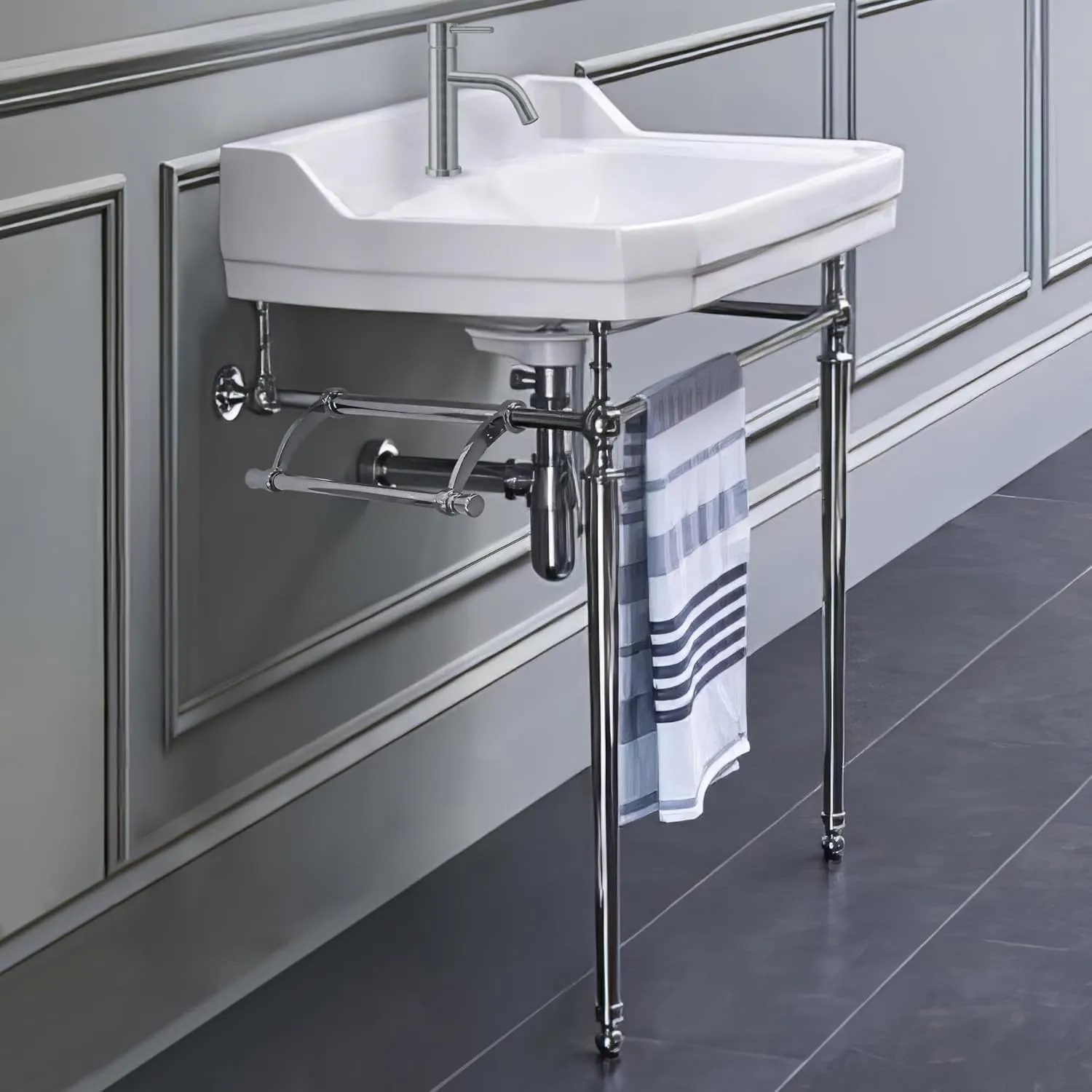 Whitehaus Victoriahaus Console with Integrated Rectangular Bowl, Polished Brass Leg Support, Towel Bar, Backsplash, and Overflow; 1 faucet hole; Color: White/Polished Chrome