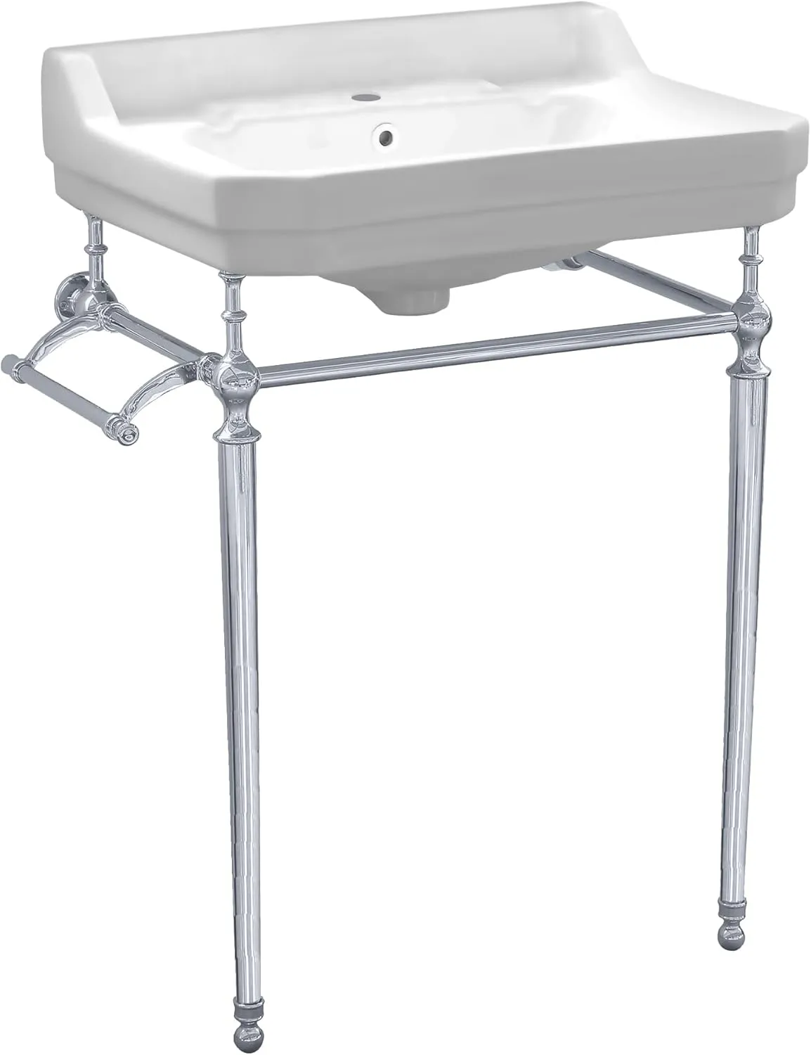 Whitehaus Victoriahaus Console with Integrated Rectangular Bowl, Polished Brass Leg Support, Towel Bar, Backsplash, and Overflow; 1 faucet hole; Color: White/Polished Chrome