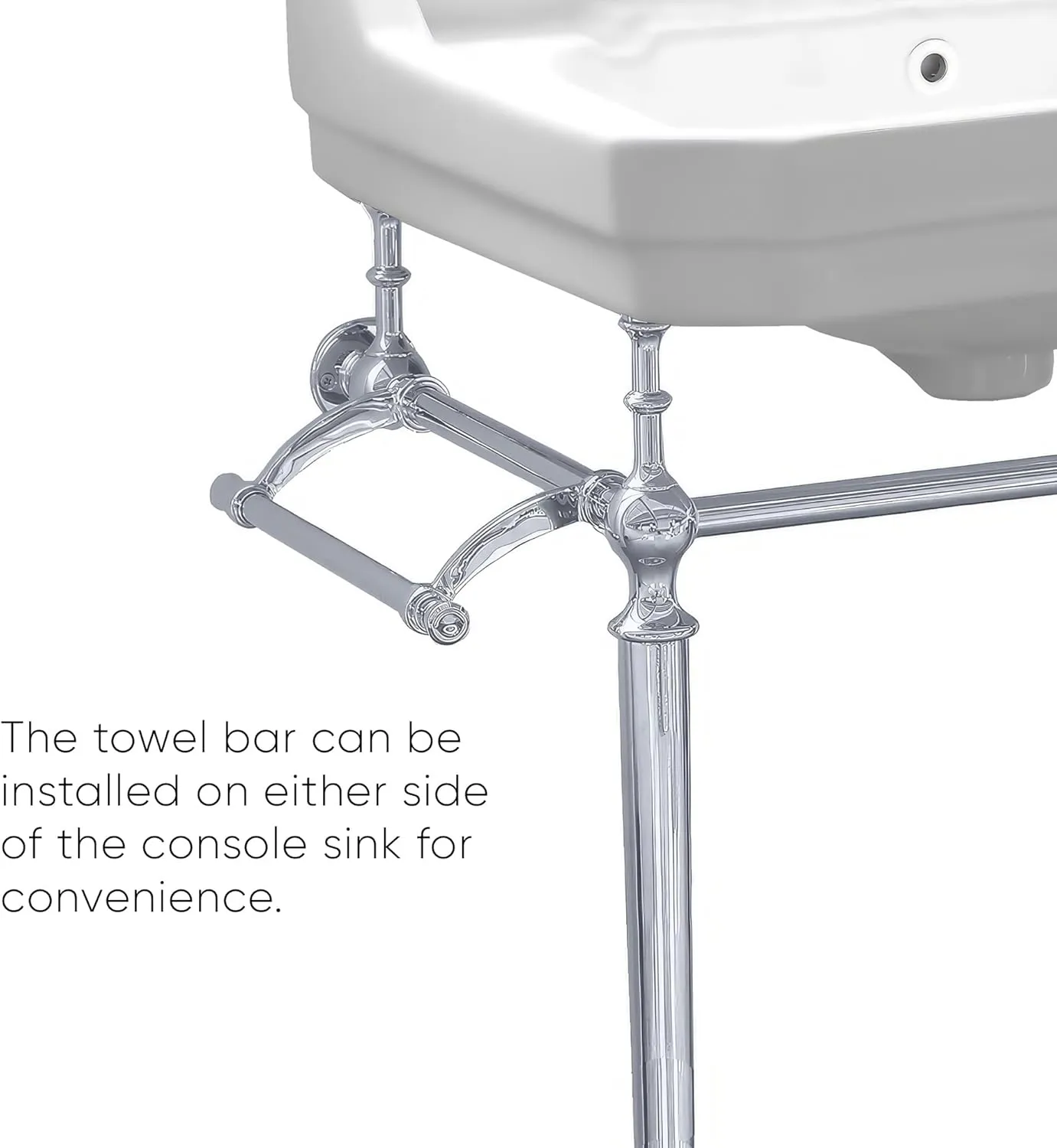 Whitehaus Victoriahaus Console with Integrated Rectangular Bowl, Polished Brass Leg Support, Towel Bar, Backsplash, and Overflow; 1 faucet hole; Color: White/Polished Chrome