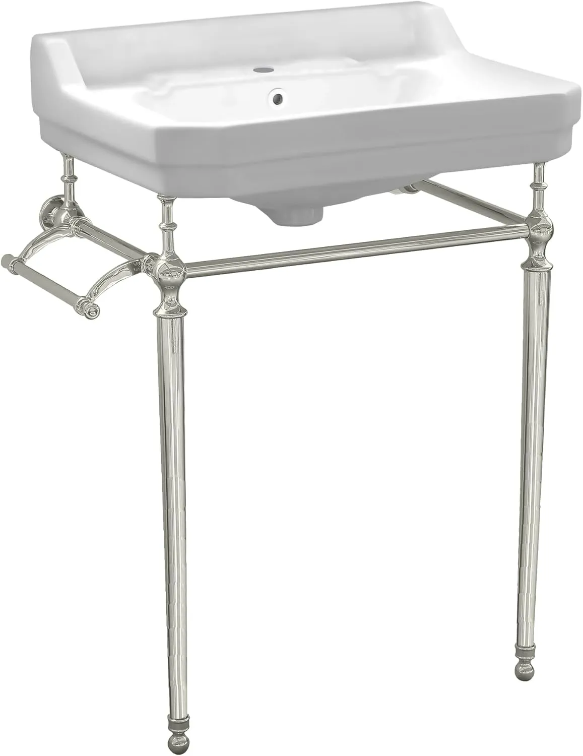 Whitehaus Victoriahaus Console with Integrated Rectangular Bowl, Polished Brass Leg Support, Towel Bar, Backsplash, and Overflow; 1 faucet hole; Color: White/Polished Nickel