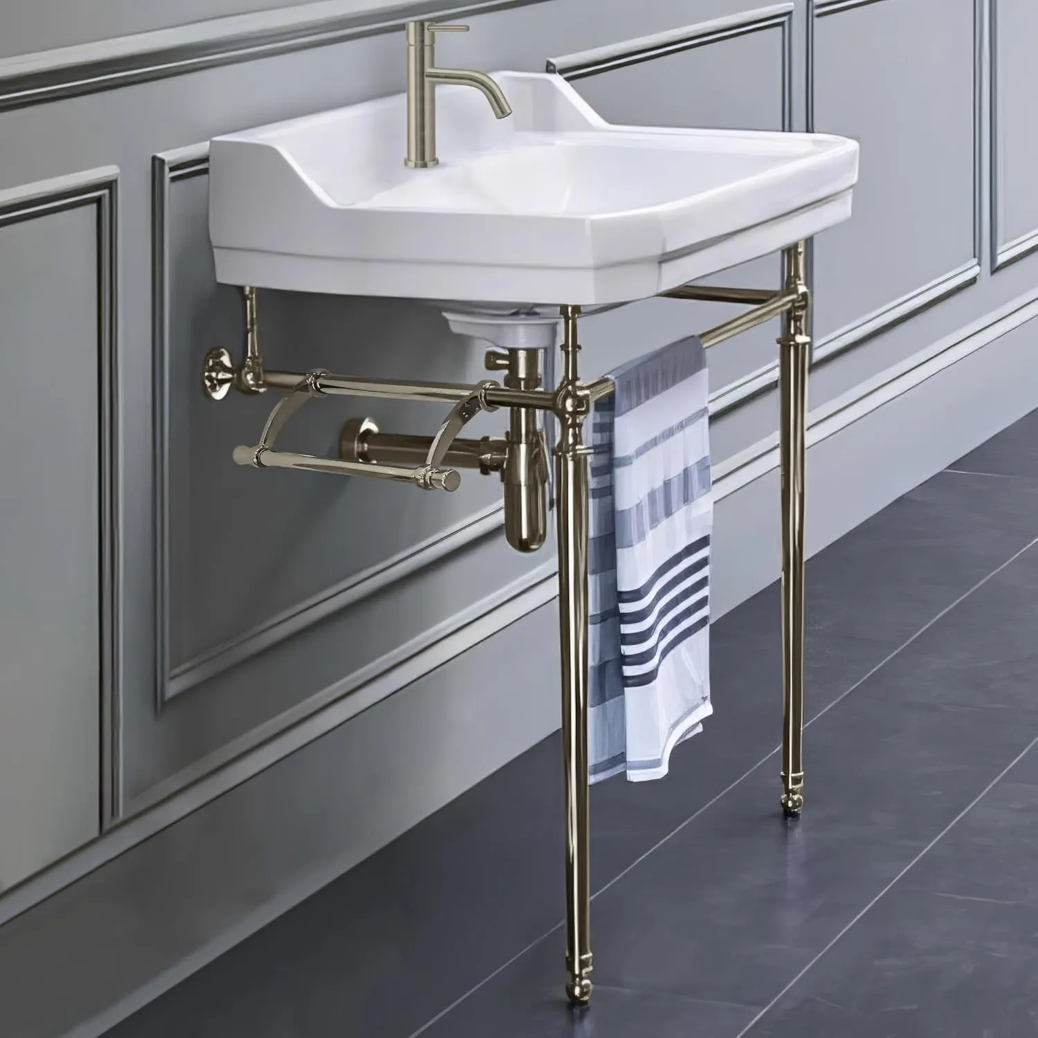 Whitehaus Victoriahaus Console with Integrated Rectangular Bowl, Polished Brass Leg Support, Towel Bar, Backsplash, and Overflow; 1 faucet hole; Color: White/Polished Nickel