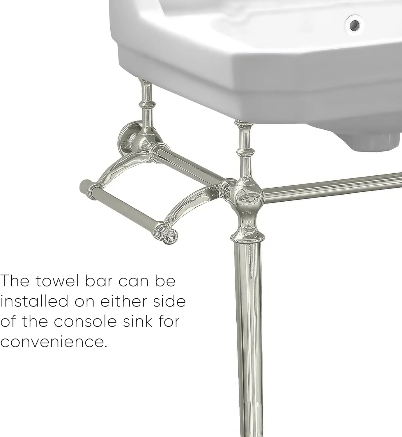 Whitehaus Victoriahaus Console with Integrated Rectangular Bowl, Polished Brass Leg Support, Towel Bar, Backsplash, and Overflow; 1 faucet hole; Color: White/Polished Nickel