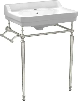 Whitehaus Victoriahaus Console with Integrated Rectangular Bowl, Polished Brass Leg Support, Towel Bar, Backsplash, and Overflow; 1 faucet hole; Color: White/Polished Nickel
