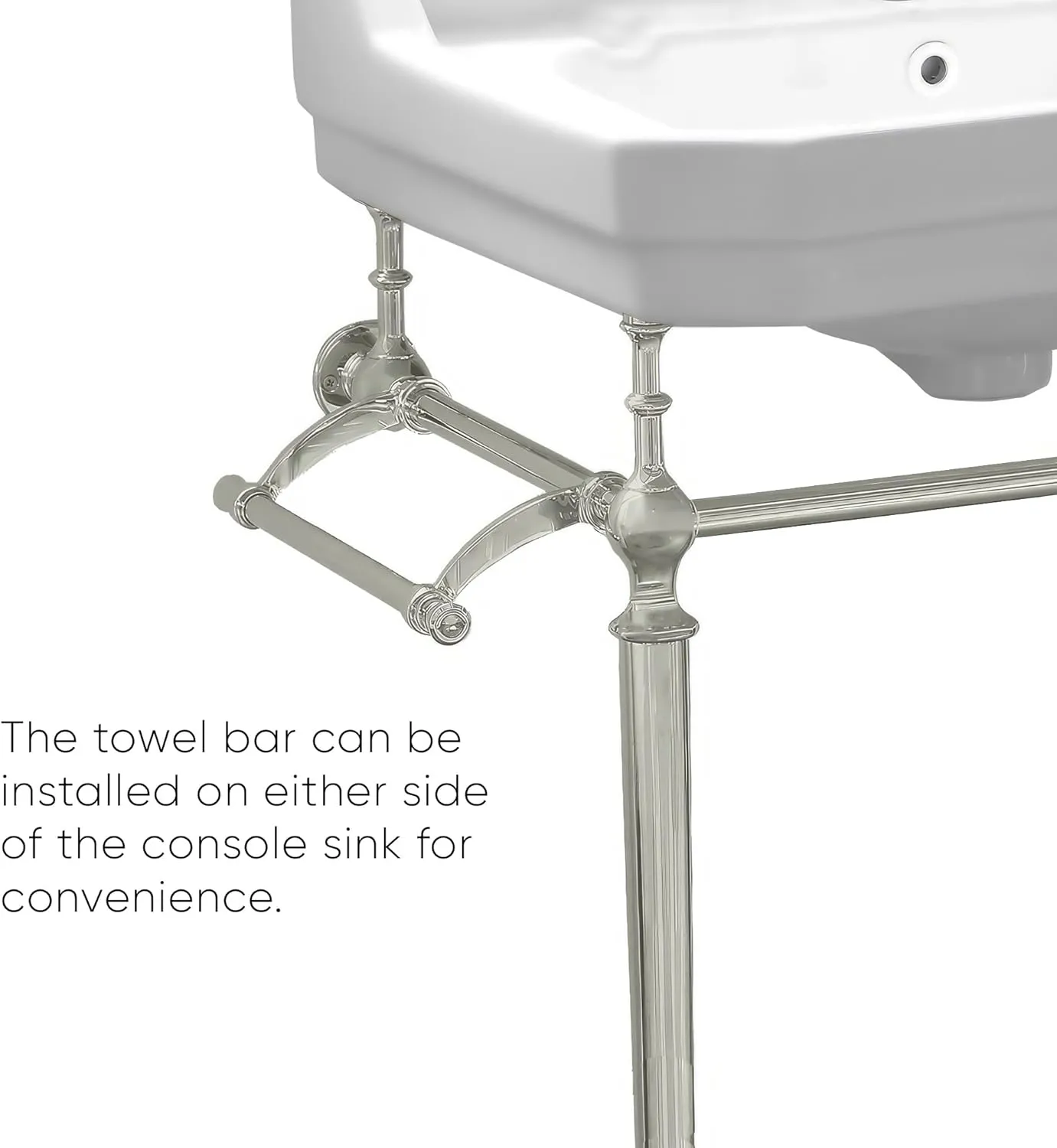 Whitehaus Victoriahaus Console with Integrated Rectangular Bowl, Polished Brass Leg Support, Towel Bar, Backsplash, and Overflow; 3 faucet hole; Color: White/Brushed Nickel
