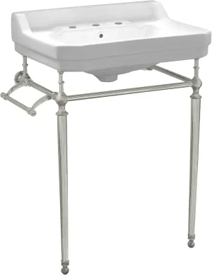 Whitehaus Victoriahaus Console with Integrated Rectangular Bowl, Polished Brass Leg Support, Towel Bar, Backsplash, and Overflow; 3 faucet hole; Color: White/Brushed Nickel