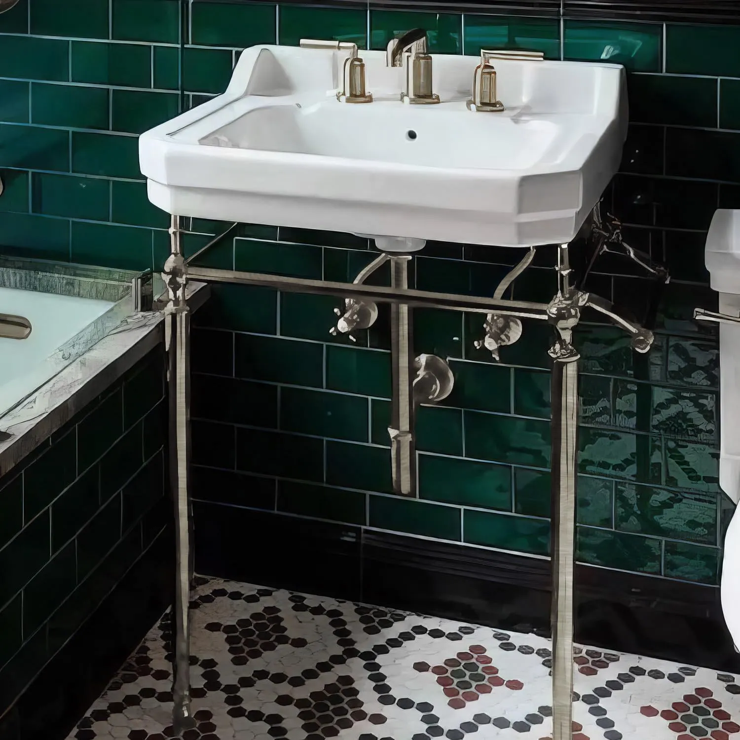 Whitehaus Victoriahaus Console with Integrated Rectangular Bowl, Polished Brass Leg Support, Towel Bar, Backsplash, and Overflow; 3 faucet hole; Color: White/Brushed Nickel
