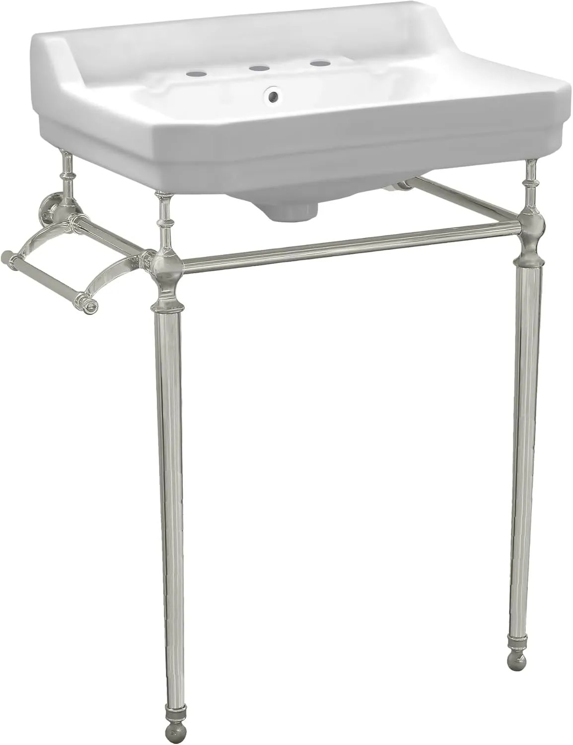 Whitehaus Victoriahaus Console with Integrated Rectangular Bowl, Polished Brass Leg Support, Towel Bar, Backsplash, and Overflow; 3 faucet hole; Color: White/Brushed Nickel