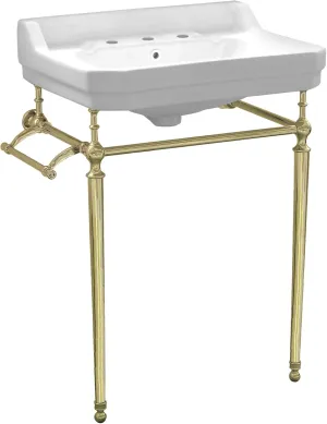 Whitehaus Victoriahaus Console with Integrated Rectangular Bowl, Polished Brass Leg Support, Towel Bar, Backsplash, and Overflow; 3 faucet hole; Color: White/Polished Brass