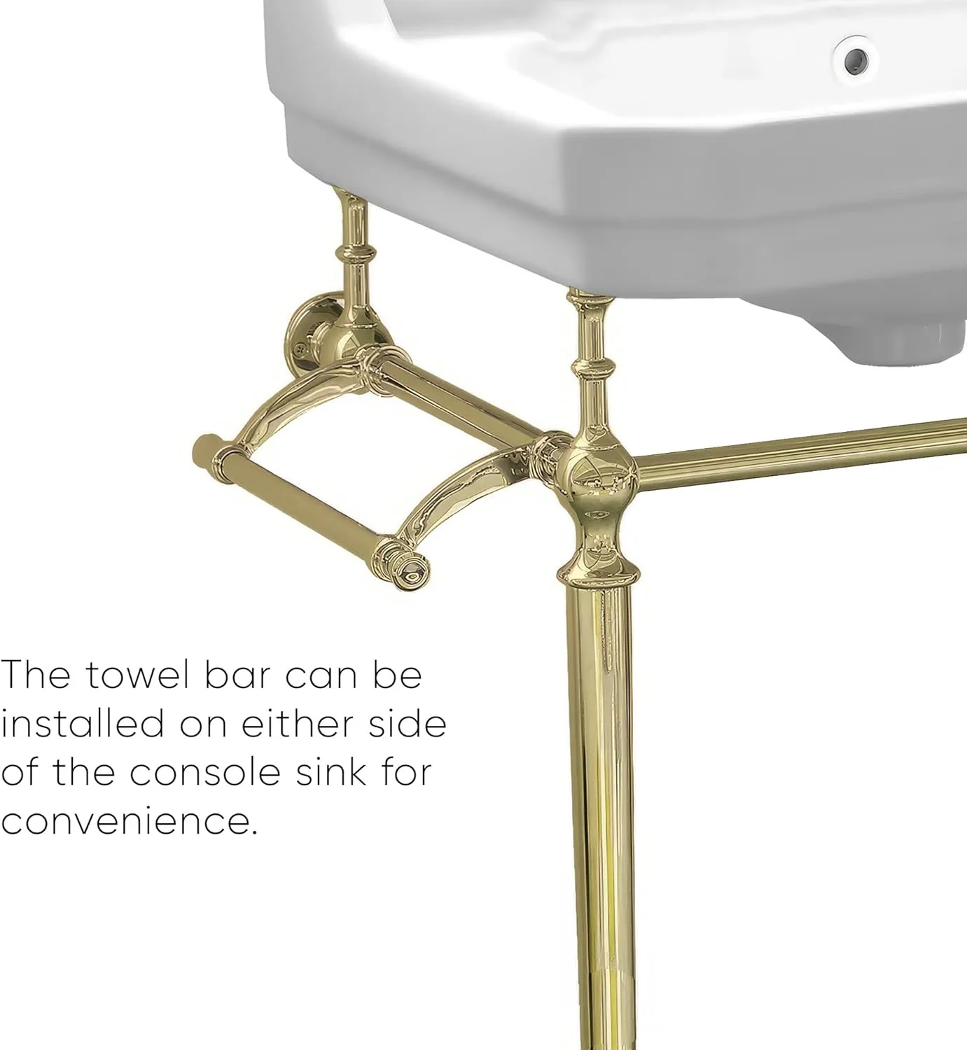 Whitehaus Victoriahaus Console with Integrated Rectangular Bowl, Polished Brass Leg Support, Towel Bar, Backsplash, and Overflow; 3 faucet hole; Color: White/Polished Brass