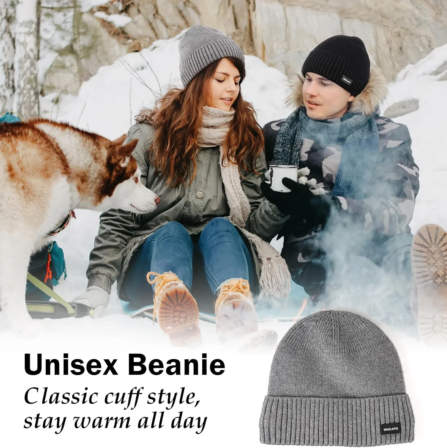 Wmcaps Winter Men Women Fleece Lined Beanie Knitted Hats, Soft Thermal Stocking Skull Caps for Cold Weather Outdoor