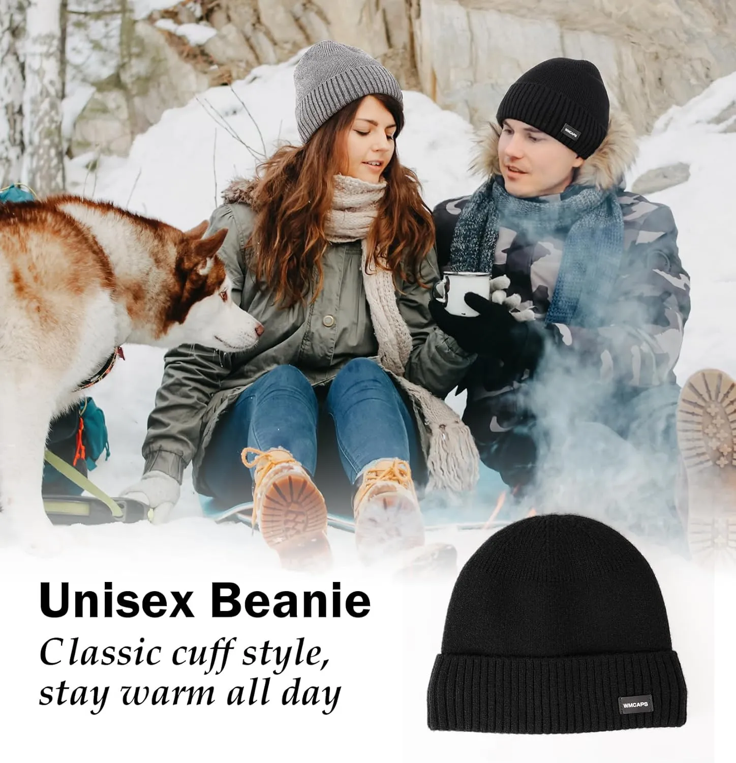 Wmcaps Winter Men Women Fleece Lined Beanie Knitted Hats, Soft Thermal Stocking Skull Caps for Cold Weather Outdoor