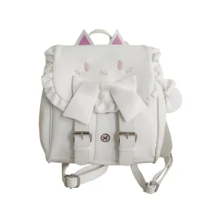 Women Lolita Backpack White Lovely Cat Embroidery Big Bowknot Sweet Cartoon PU Bag