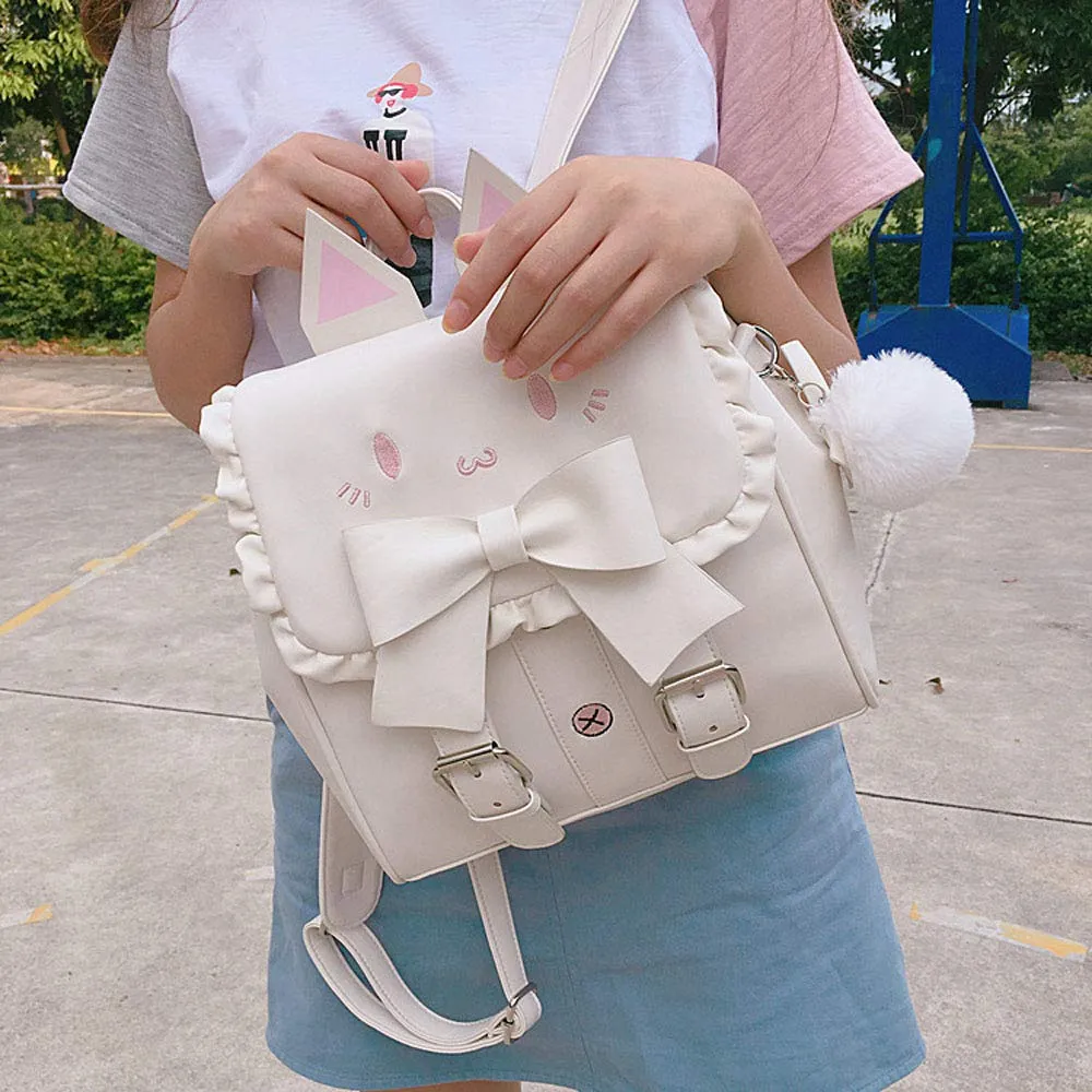 Women Lolita Backpack White Lovely Cat Embroidery Big Bowknot Sweet Cartoon PU Bag