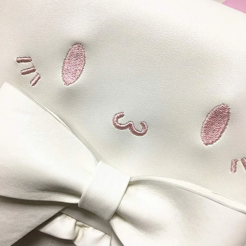 Women Lolita Backpack White Lovely Cat Embroidery Big Bowknot Sweet Cartoon PU Bag