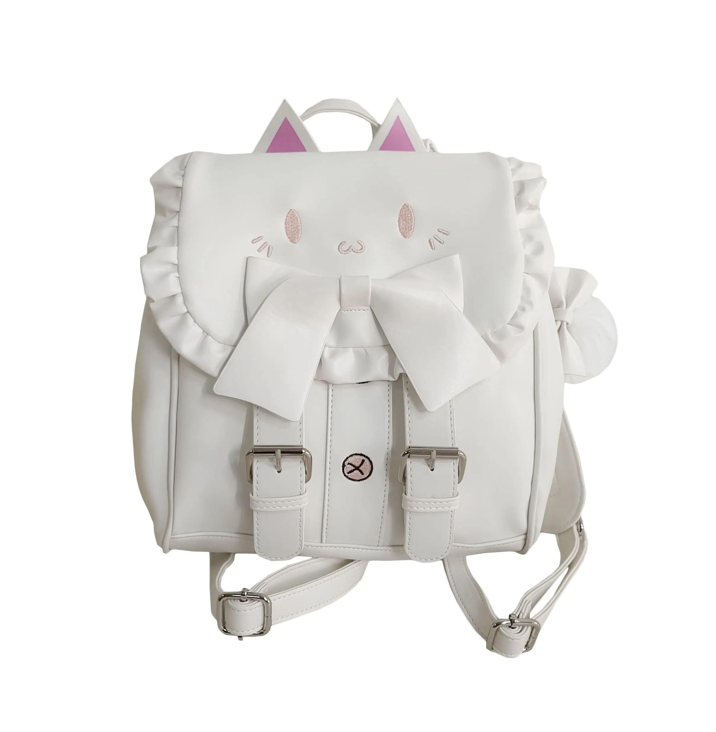 Women Lolita Backpack White Lovely Cat Embroidery Big Bowknot Sweet Cartoon PU Bag
