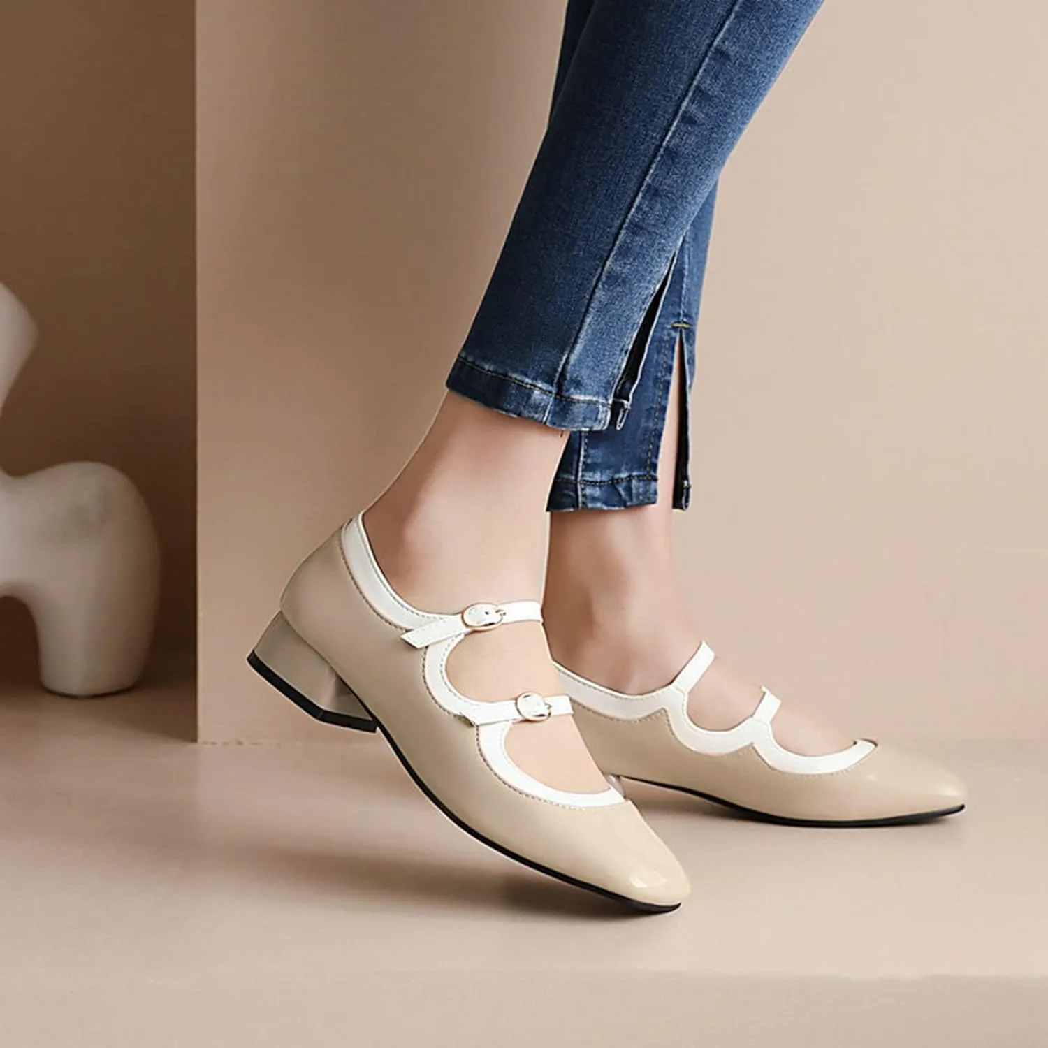 Women Low Chunky Heel Mary Jane Shoes Two Tone Double Strap Patent Leather Square Toe Dress Pumps