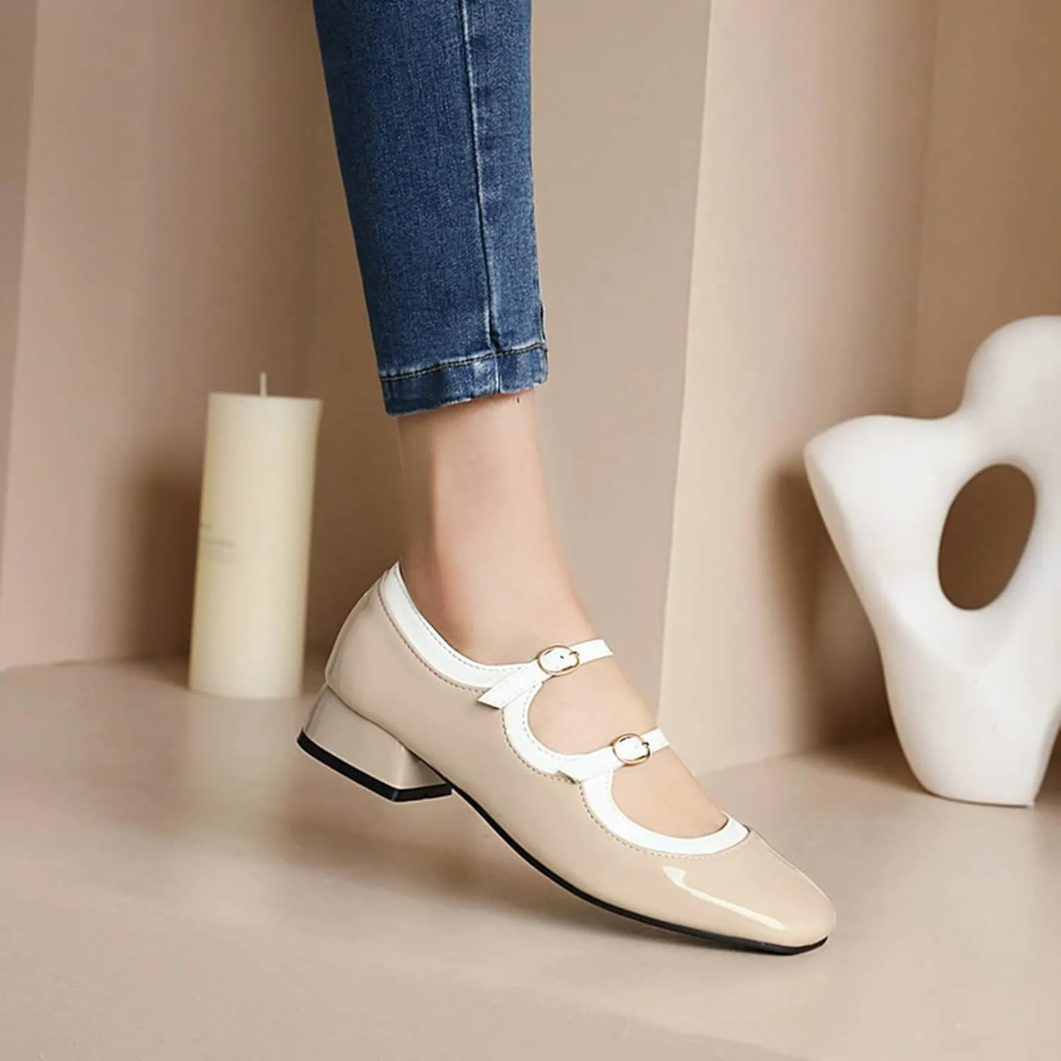 Women Low Chunky Heel Mary Jane Shoes Two Tone Double Strap Patent Leather Square Toe Dress Pumps