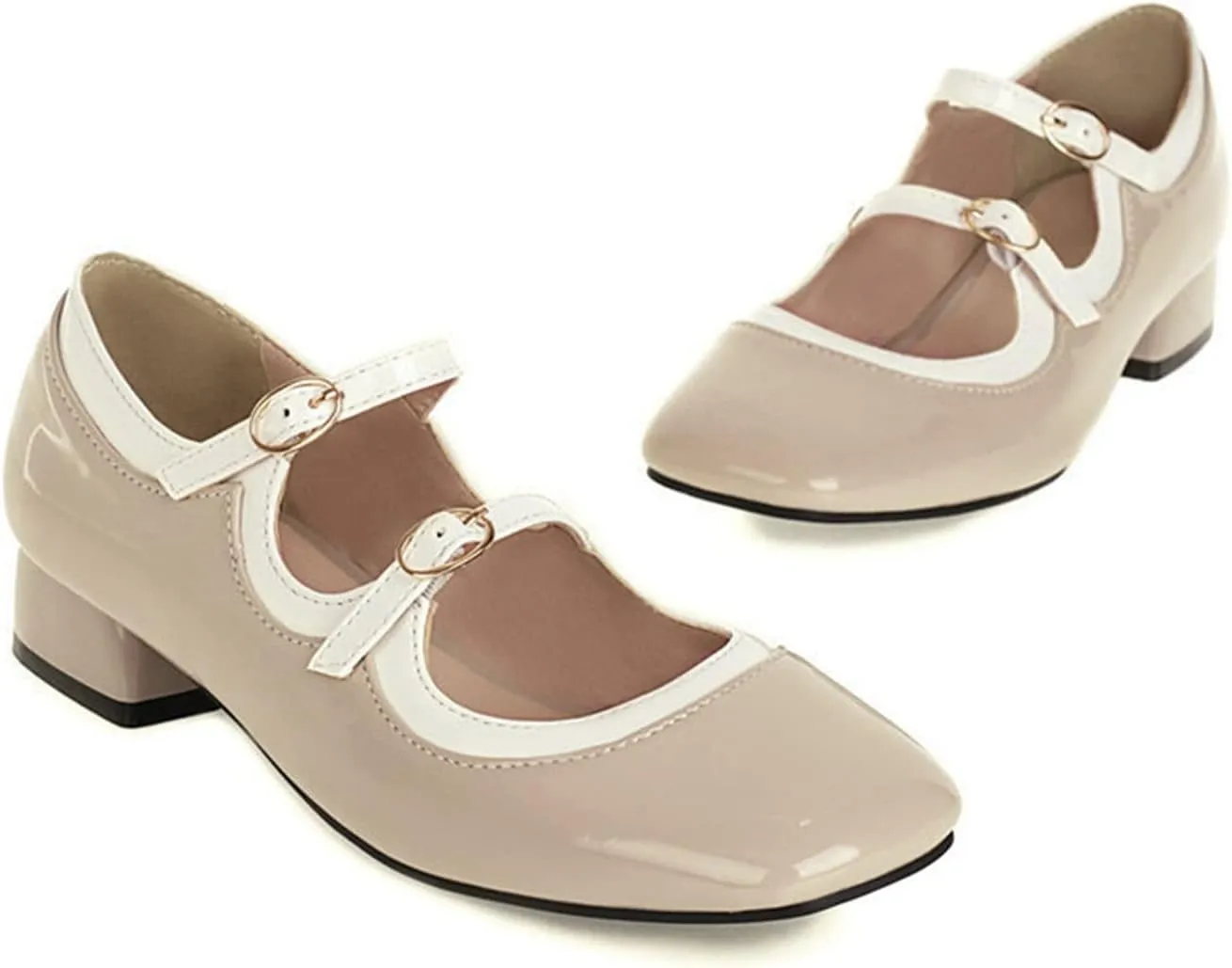 Women Low Chunky Heel Mary Jane Shoes Two Tone Double Strap Patent Leather Square Toe Dress Pumps