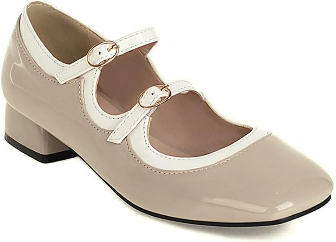 Women Low Chunky Heel Mary Jane Shoes Two Tone Double Strap Patent Leather Square Toe Dress Pumps