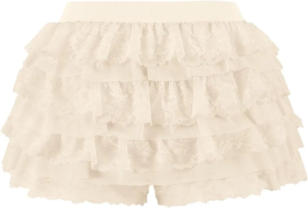 Women Y2K Lace Multi-Layered Bloomers, Lolita Ruffle Shorts, Sexy Short Pumpkin Pants, Elastic Waist Sweet Pettipants