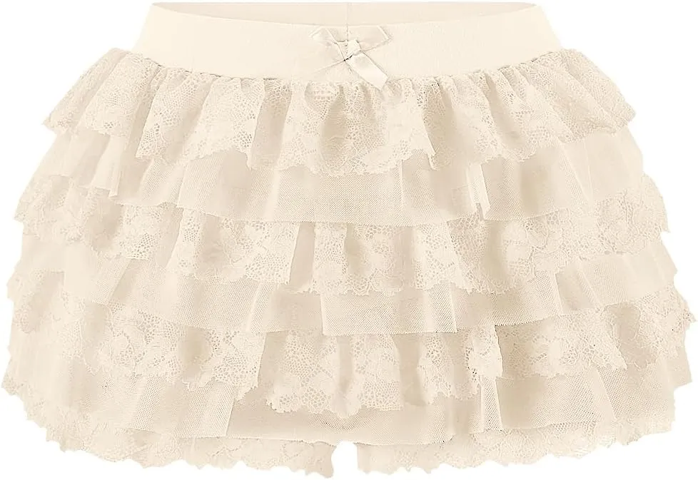 Women Y2K Lace Multi-Layered Bloomers, Lolita Ruffle Shorts, Sexy Short Pumpkin Pants, Elastic Waist Sweet Pettipants
