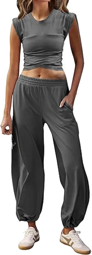 Women's 2 Piece Outfits Cap Sleeve Crissover Crop Top and Jogger Pants Sets Summer Workout Gym Sweatsuits Hip Hop Streetwear