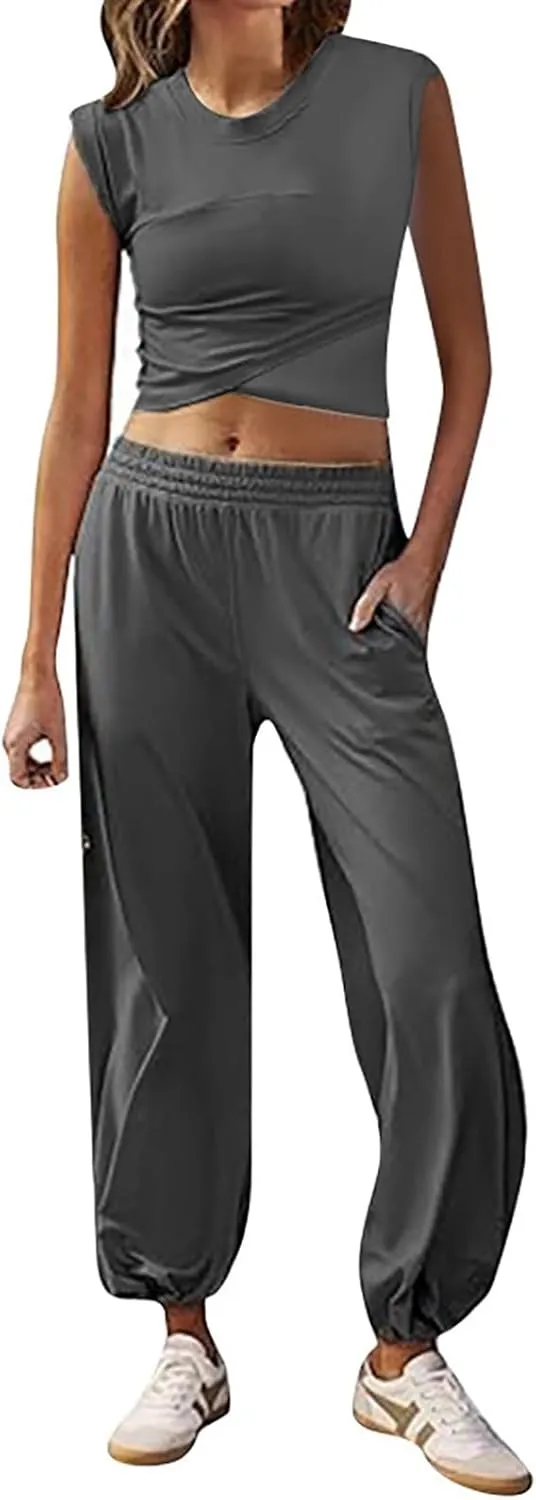 Women's 2 Piece Outfits Cap Sleeve Crissover Crop Top and Jogger Pants Sets Summer Workout Gym Sweatsuits Hip Hop Streetwear