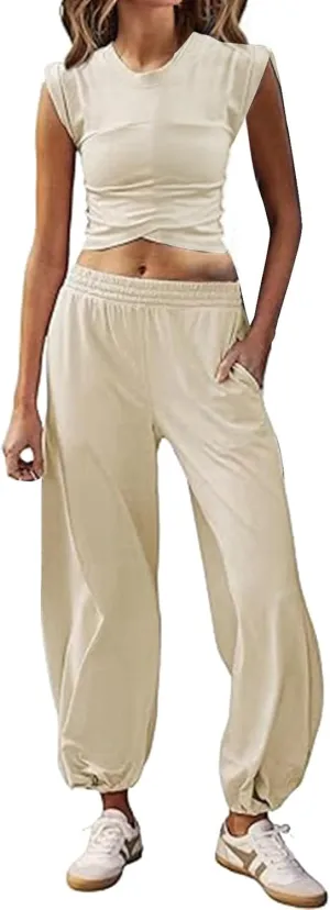 Women's 2 Piece Outfits Cap Sleeve Crissover Crop Top and Jogger Pants Sets Summer Workout Gym Sweatsuits Hip Hop Streetwear