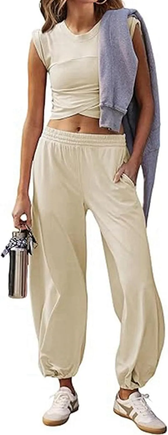 Women's 2 Piece Outfits Cap Sleeve Crissover Crop Top and Jogger Pants Sets Summer Workout Gym Sweatsuits Hip Hop Streetwear