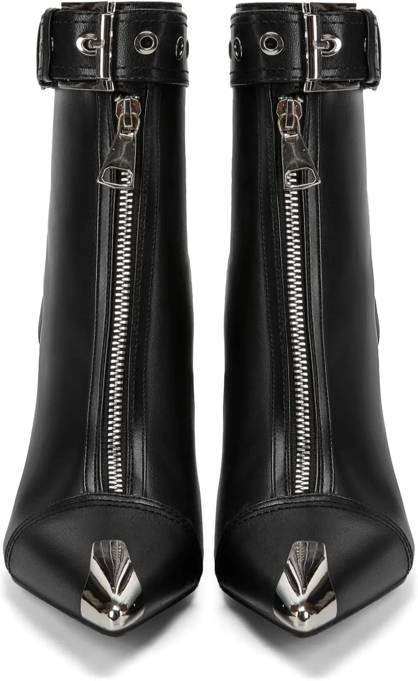 Women's Fashion Metal Pointed Toe Heel Boots Sexy Zip Ankle Stilettos Booties with Strap Buckle Party Dress High Heels for Women