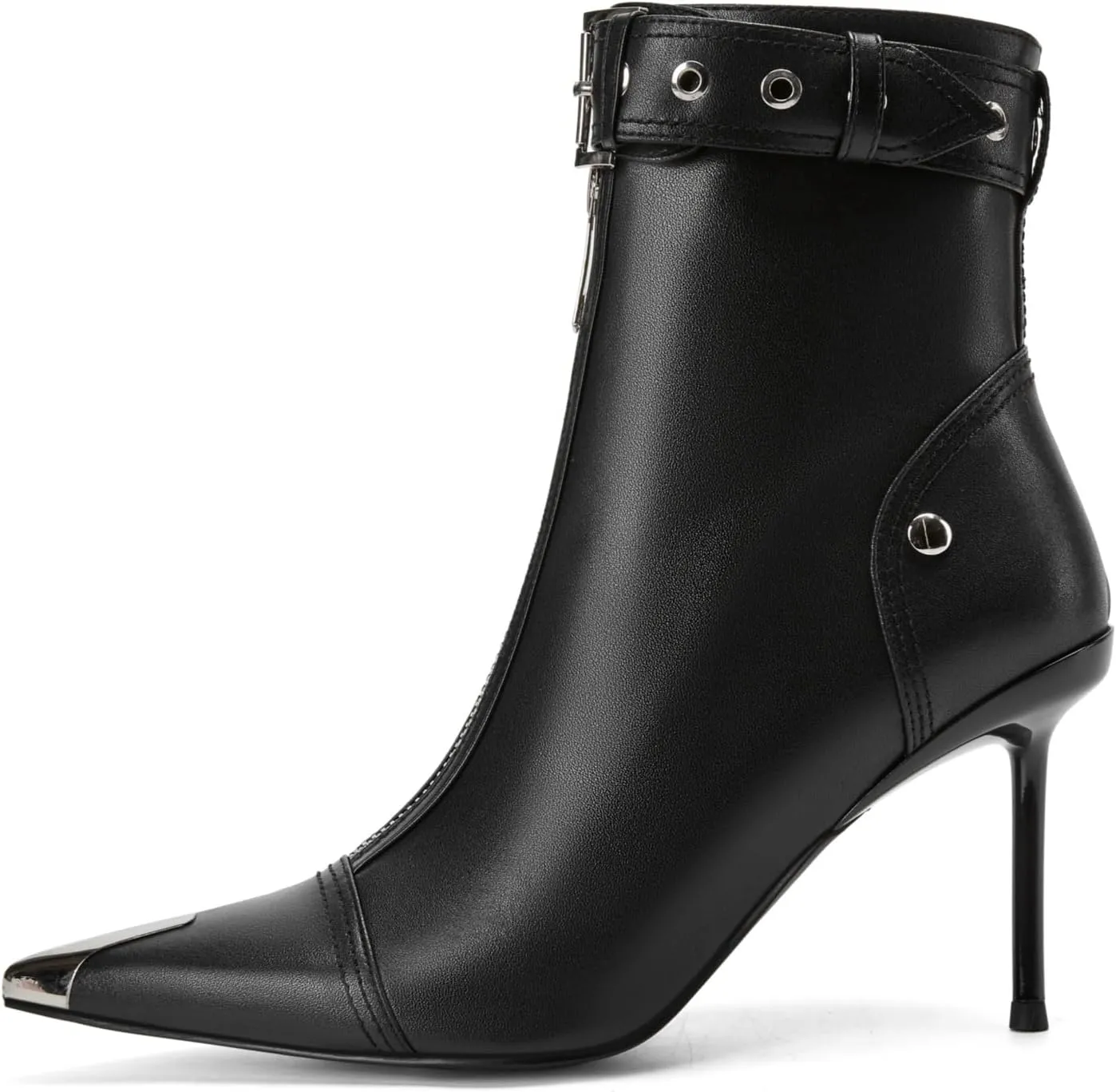 Women's Fashion Metal Pointed Toe Heel Boots Sexy Zip Ankle Stilettos Booties with Strap Buckle Party Dress High Heels for Women