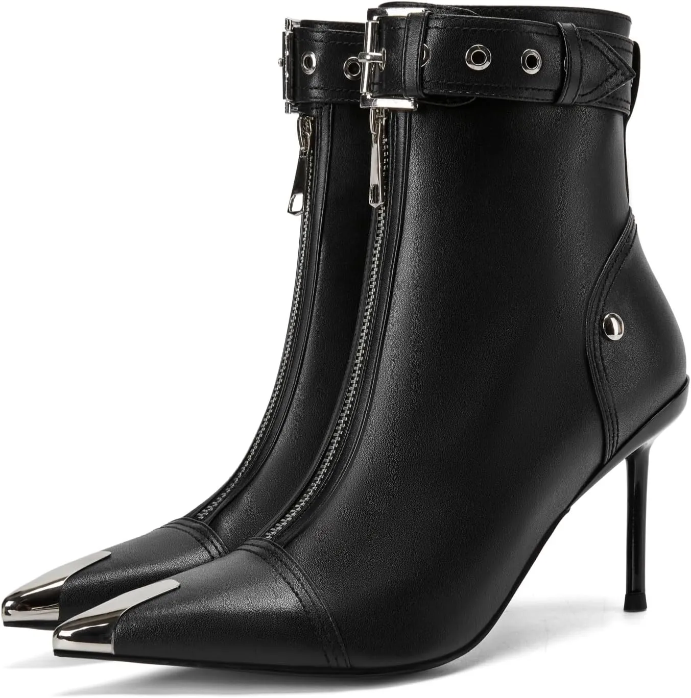Women's Fashion Metal Pointed Toe Heel Boots Sexy Zip Ankle Stilettos Booties with Strap Buckle Party Dress High Heels for Women