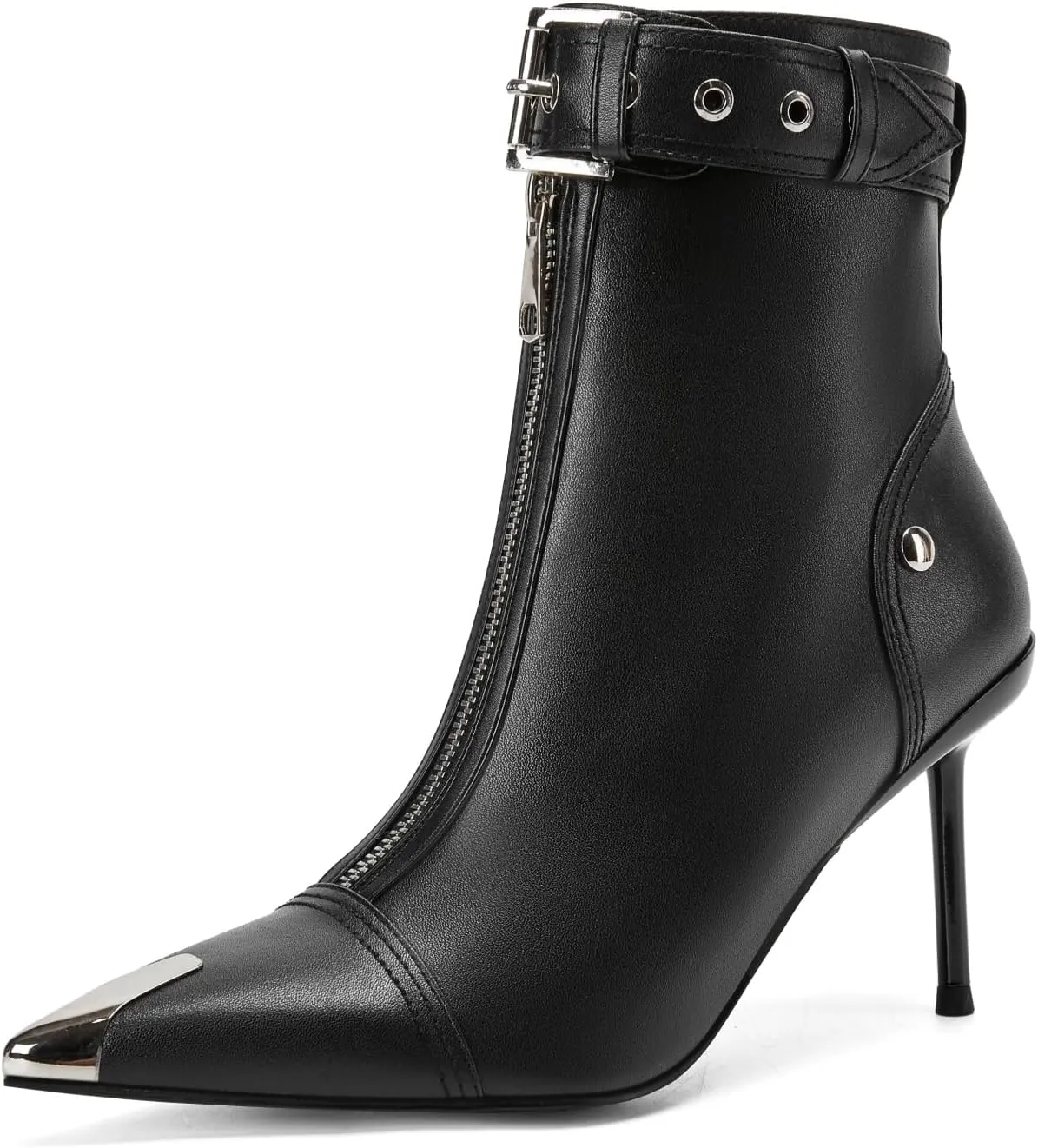 Women's Fashion Metal Pointed Toe Heel Boots Sexy Zip Ankle Stilettos Booties with Strap Buckle Party Dress High Heels for Women